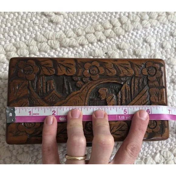 Antique Asian Scenes Hand Carved Ornamental Wood Box/Brass